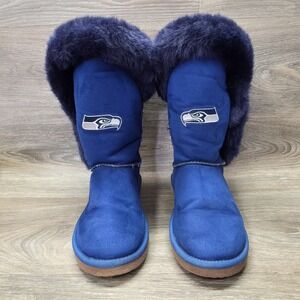 Seattle Seahawks Winter Boots Womens 10 Blue NFL Faux Suede Faux Fur‎ Cozy Plush
